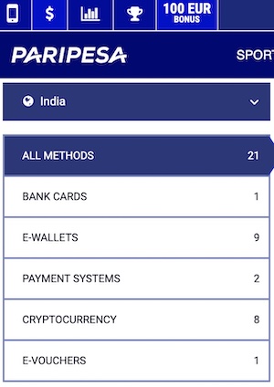 Paripesa payment methods