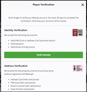 Player Identity verification form Betway