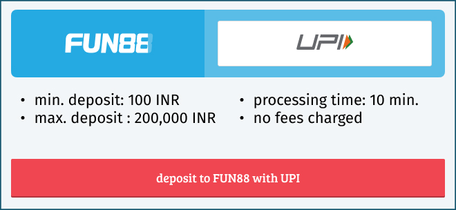 deposit to Fun88 via UPI terms and conditions, minimum deposit limit 100 INR, maximum 200,000 INR, processing time maximum 10 minutes no fees charged, click the button to get to FUN88